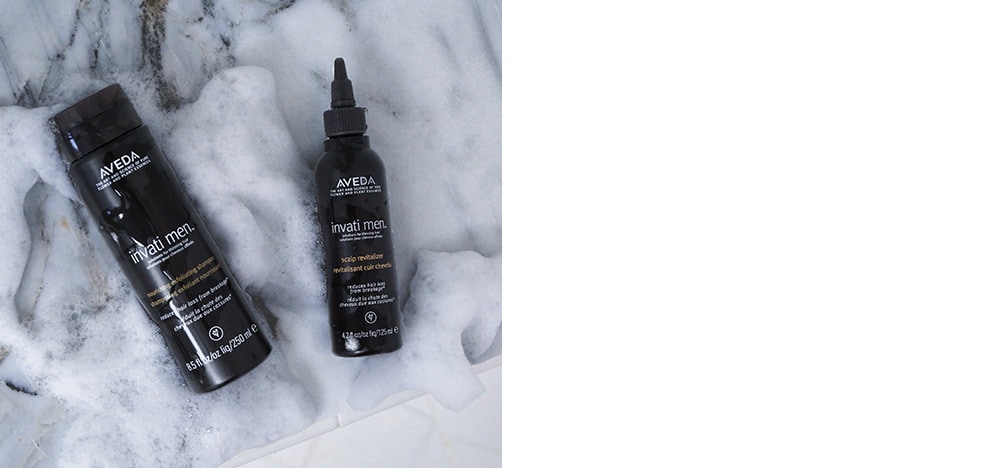 Client imagery of invati men™ nourishing exfoliating shampoo and invati men™ scalp revitalizer. 