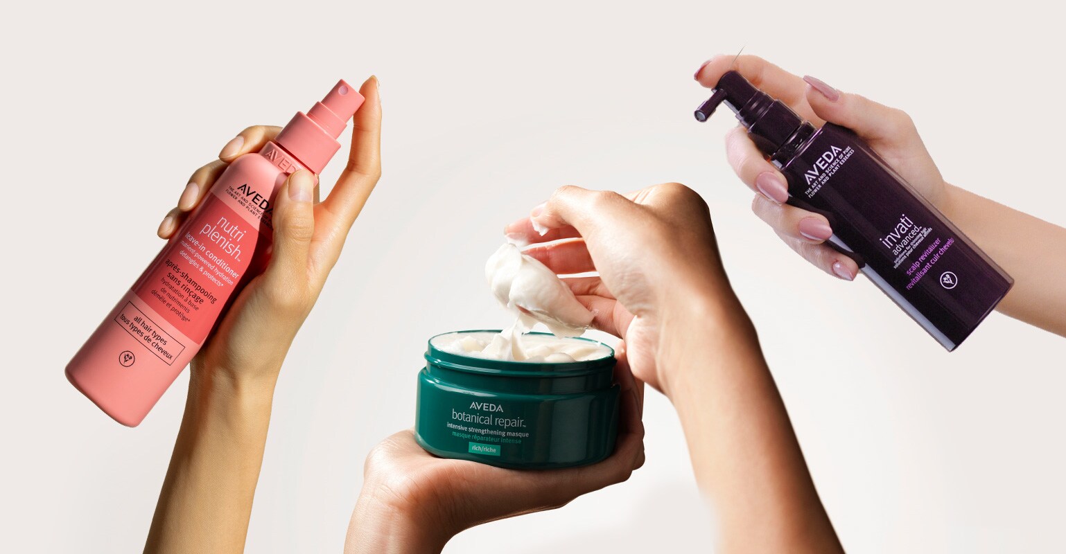 sets of hands holding aveda best sellers such as leave in conditioner, rich masque, and scalp revitalizer.
